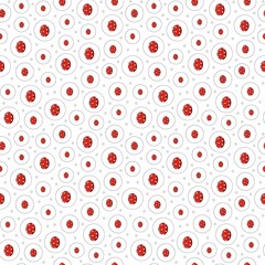 Seamless pattern with red polka dot Easter eggs in circles. Cute and festive design for textiles, paper goods, packaging, and holiday backgrounds.