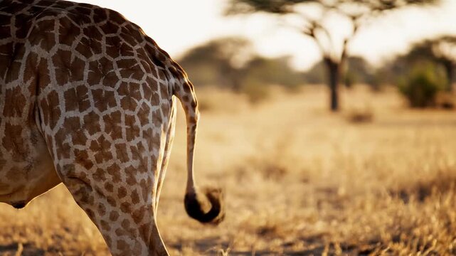 Close-up of a giraffe's tail swishing in the dry savanna grass at sunset