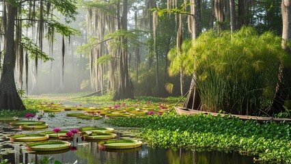 Misty Cypress Swamp with Water Lilies and Lush Greenery.