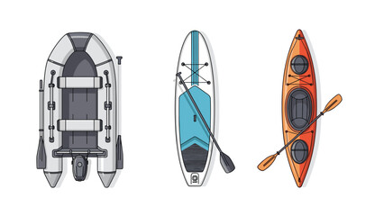 Various water sports equipment shown from a top perspective including a raft, paddleboard, and a kayak with oars.