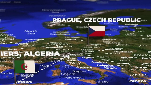 Flight From Algiers ALGERIA to Prague CZECH REPUBLIC with flag pins