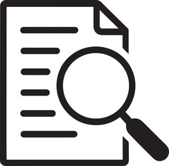 Magnifying glass over document with lines, representing research, analysis, and document review, black icon on white background