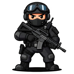 Fototapeta premium A sturdy special forces soldier with a combat weapon, fully equipped in special combat gear. Cartoon mascot, illustration, clean lines, flat design, modern, high quality