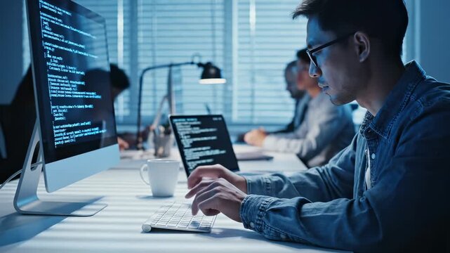 Programmer writes code on computer typing keyboard in office workspace. Developer codes software on screen. Man programs in tech office. Programmer types code at desk. Developer works on computer.