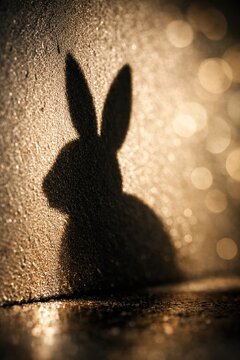 Silhouette of a rabbit's shadow cast on a textured, wet wall with warm bokeh lights, creating a whimsical mood