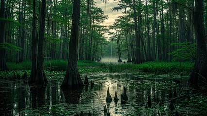 Mysterious Cypress Swamp with Towering Trees and Reflective Water at Sunset.