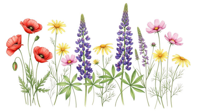 Watercolor wildflowers: poppies, lupine, and daisies in a summer meadow border
