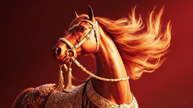 Majestic horse with ornate golden saddle and bridle against a dramatic red sky