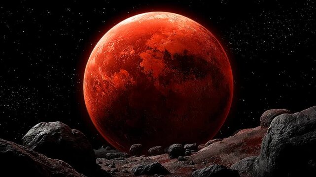 A vibrant, detailed depiction of a reddish planet rising above a rocky terrain, set against a star-filled void