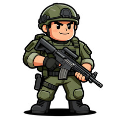 Fototapeta premium A sturdy special forces soldier with a combat weapon, fully equipped in special combat gear. Cartoon mascot, illustration, clean lines, flat design, modern, high quality