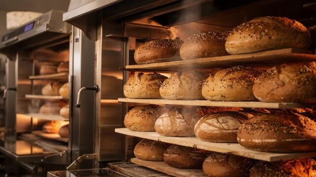 Interior glow of multiple deck ovens with open doors revealing rows of bread loaves baking emphasizing warm ambiance and artisanal craftsmanship.