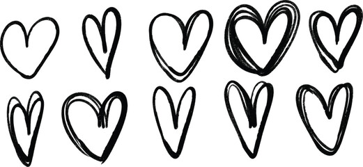 Black hand drawn heart icons, rough textured sketch variations, bold outlines, scribbled shading, creative abstract love symbols, artistic graphic design accents. © Ink Magic