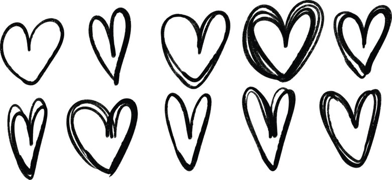 Black hand drawn heart icons, rough textured sketch variations, bold outlines, scribbled shading, creative abstract love symbols, artistic graphic design accents.