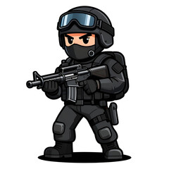 Fototapeta premium A sturdy special forces soldier with a combat weapon, fully equipped in special combat gear. Cartoon mascot, illustration, clean lines, flat design, modern, high quality
