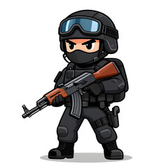 Fototapeta premium A sturdy special forces soldier with a combat weapon, fully equipped in special combat gear. Cartoon mascot, illustration, clean lines, flat design, modern, high quality