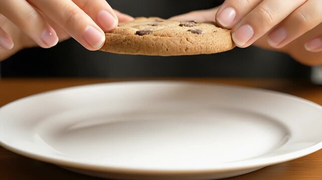 Hands holding a chocolate chip cookie above an empty white plate on a wooden table