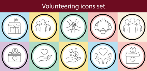 Volunteering icons set community charity and helping hands illustrations