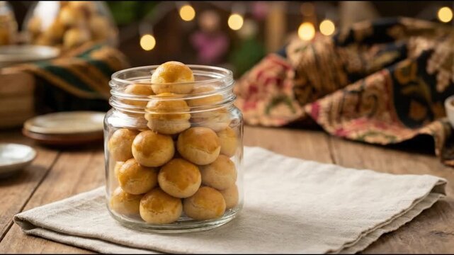 Glass jar of traditional Indonesian Nastar pineapple tart cookies on wooden table with Batik fabric and festive bokeh lights for Eid al-Fitr celebration
