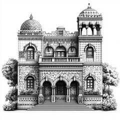 2D black and white illustration of the House of Tiles in Mexico City isolated on a white transparent background