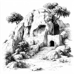 2D black and white illustration of the Ixtepeji Caves in Oaxaca isolated on a white transparent background