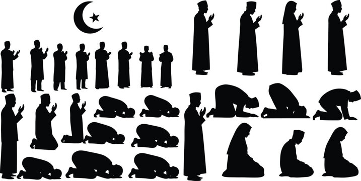 Islamic figures in prayer poses with crescent moon black silhouette