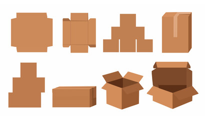 Brown Packaging Box Flat Vector Set with Cardboard Shipping Boxes Isolated on White Background
