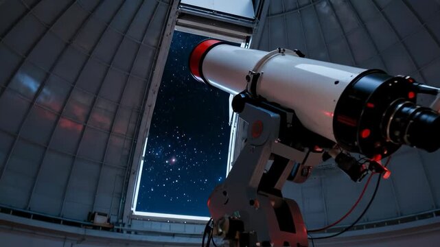 Large professional telescope inside a dome observatory pointing toward a starry night sky through an open hatch