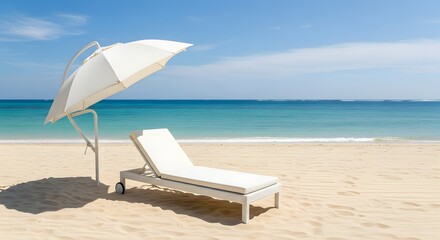 Obraz premium Serene Beach Scene with White Lounge Chair and Umbrella Under Blue Sky.