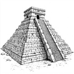 2D black and white illustration of the Cacaxtla Pyramid in Tlaxcala isolated on a white transparent background