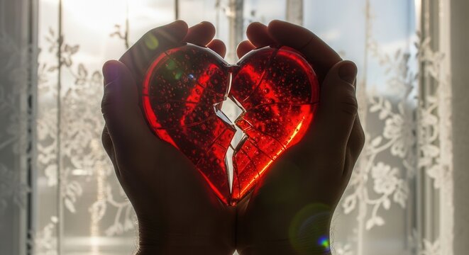 Hands holding broken red glass heart against window light symbolizing heartbreak and loss