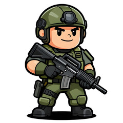 Fototapeta premium A sturdy special forces soldier with a combat weapon, fully equipped in special combat gear. Cartoon mascot, illustration, clean lines, flat design, modern, high quality