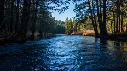 Serene Blue River Flowing Through a Lush Green Forest with Tall Pine Trees Under a Bright Sky.