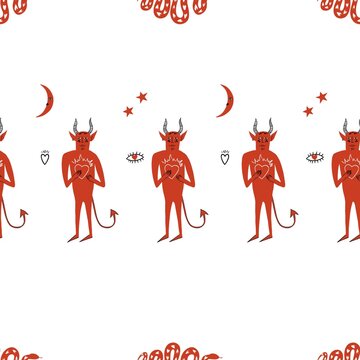 Cute Valentine Devils Seamless Pattern with Hearts in hand drawn style on White Background
