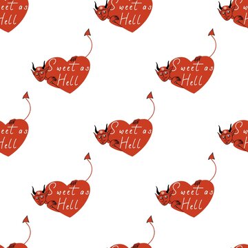 Cute Valentine Devils Seamless Pattern with Hearts in hand drawn style on White Background
