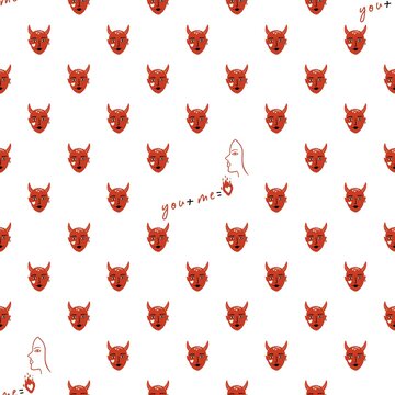 Cute Valentine Devils Seamless Pattern with Hearts in hand drawn style on White Background
