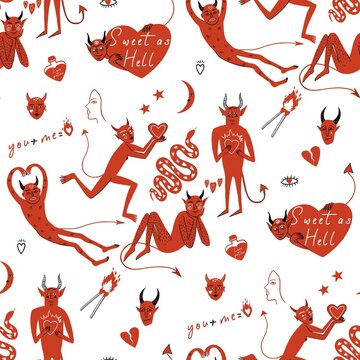 Cute Valentine Devils Seamless Pattern with Hearts in hand drawn style on White Background

