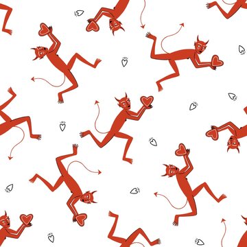 Cute Valentine Devils Seamless Pattern with Hearts in hand drawn style on White Background
