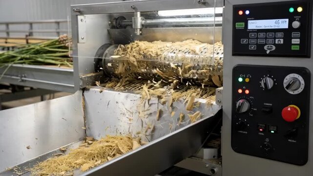 Medium shot of an adjustable threshing machine carefully detaching stems from lamina highlighting customizable speed and settings to optimize crop quality and minimize damage.