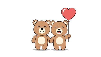 Obraz premium Two cheerful teddy bears together with one holding a red heart shaped balloon represent friendship, love, and sweet companionship.