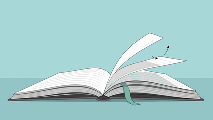 Illustrated open book with pages blowing in the wind and a teal bookmark on a light blue and white background scene.