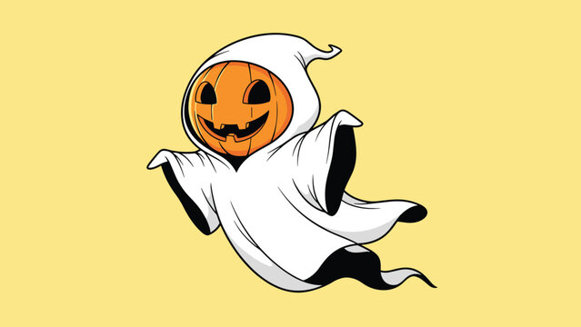 Cute cartoon ghost character with a pumpkin head wearing a white sheet while flying on a yellow background for Halloween.