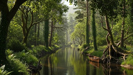 Serene Forest River with Lush Greenery and Small Boat.