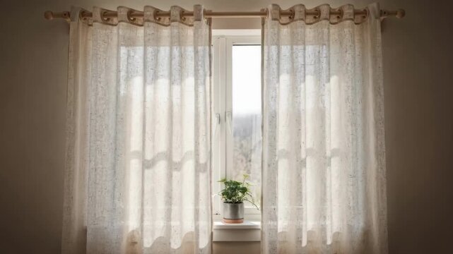 Medium shot capturing biodegradable linen curtains hung using smooth wooden rings emphasizing compostable components and environmentally conscious window treatments.