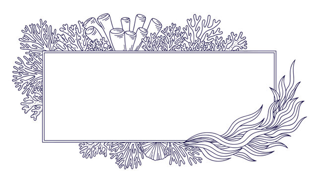 Rectangular border frame surrounded by detailed line drawings of coral reefs seaweed and shells in a dark blue color for marine themed designs.