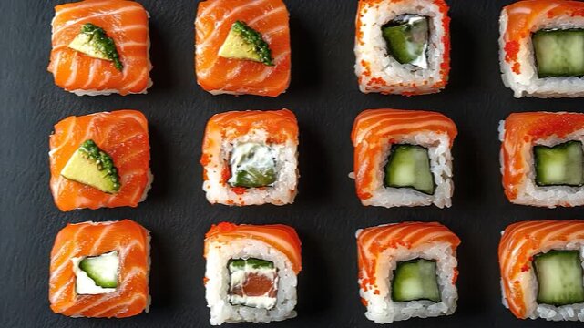 Square Sushi Rolls with Salmon, Avocado, and Cucumber