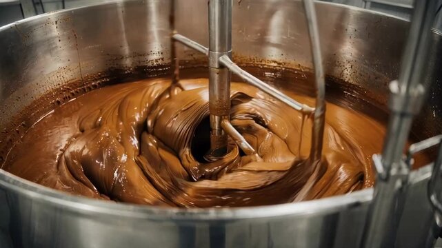 Footage of highviscosity syrup blending tank with slow rotating agitators mixing thick flavored syrups in a spacious industrial stainless vessel.