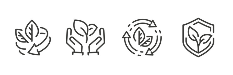 ecology icon set, line icons of save nature, shield with leaves, organic recycling, ecological circle refresh, vector simple signs
