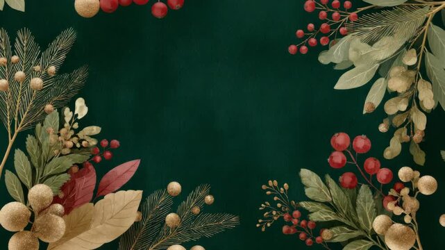 Festive green christmas background with red berries and gold accents.