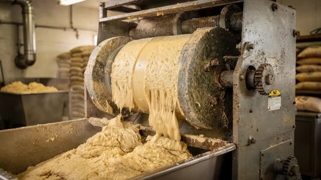 Medium shot of a heavyduty industrial corn grinder with twin stone mills transforming nixtamal into fresh masa emphasizing traditional milling textures and machinery.