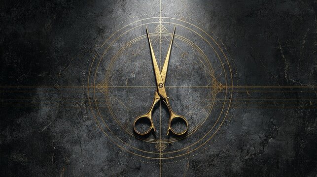 Golden barber scissors centered on a dark textured background design.